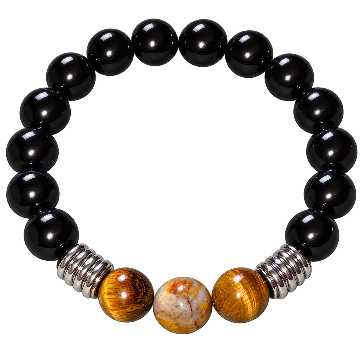 Bracciale di ossidiana nera, tormalina nera e occhio di tigre